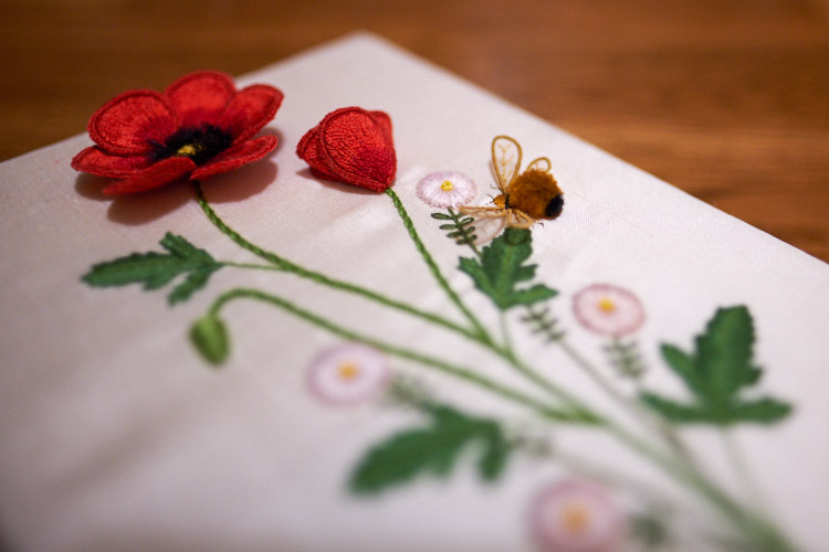 Poppies and Santa Barbara Daisies (Celeste Chalasani) stumpwork embroidery