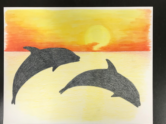 Colored pencil dolphin with baby oil